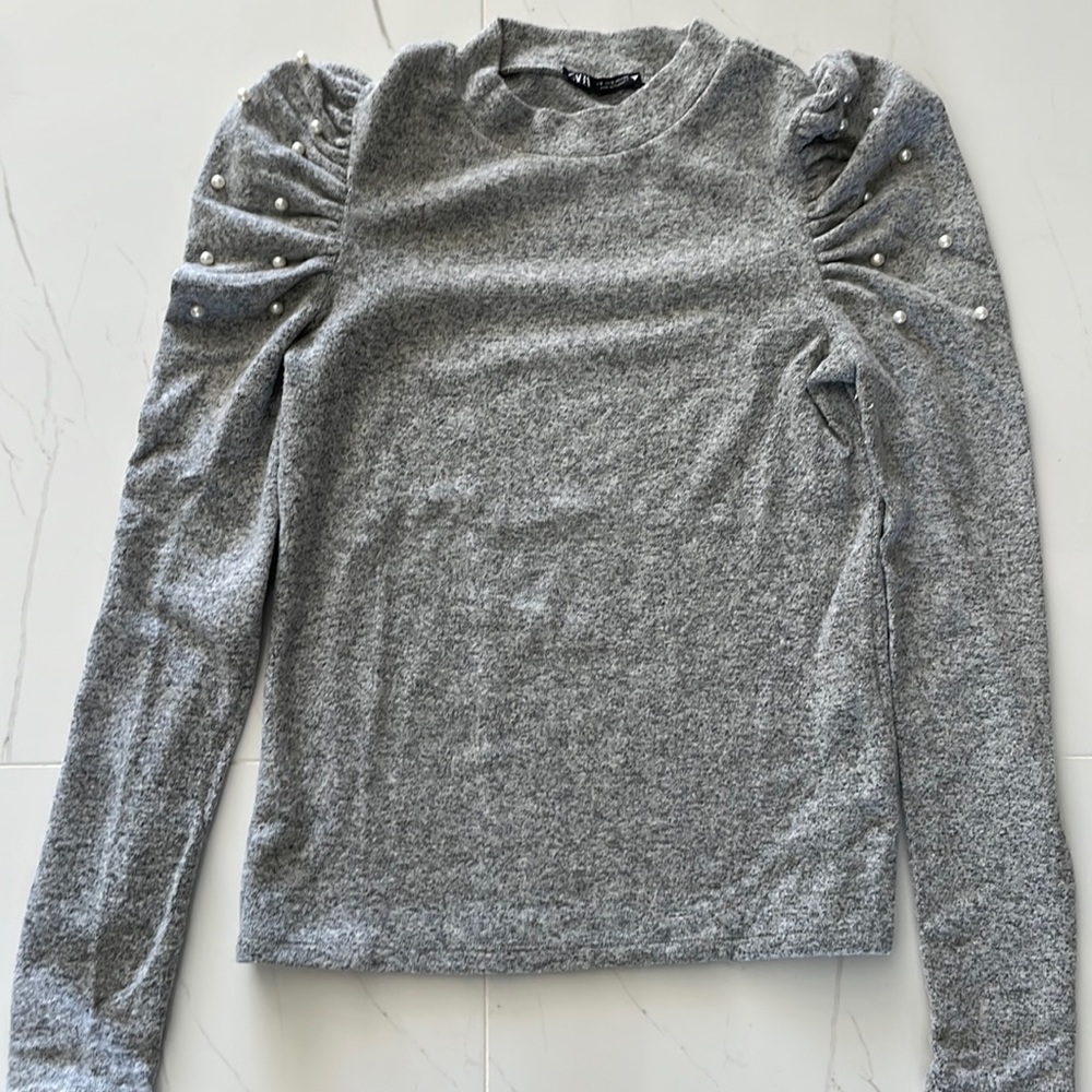Zara Puff Sleeve Pearl Embellished Long Sleeve Top
